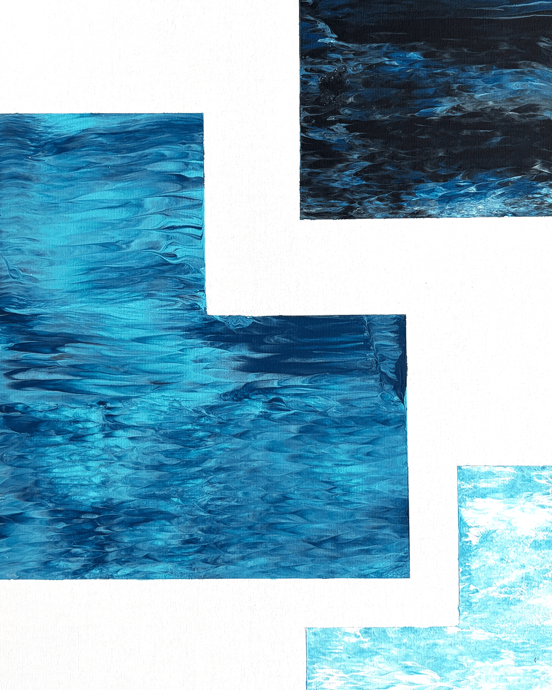 Three abstract blue textured panels with a water-like ripple pattern arranged on a white background.