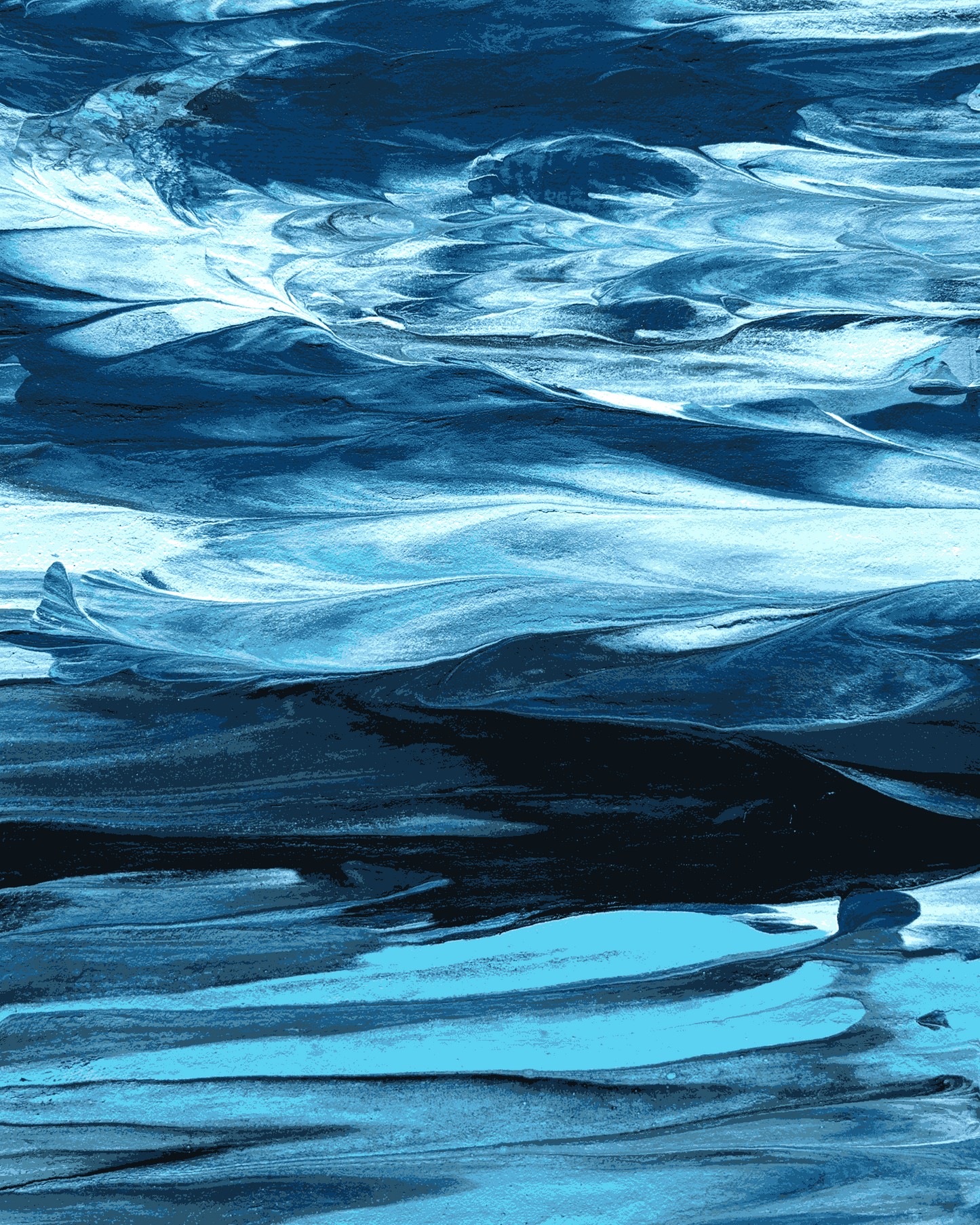 An abstract painting of textured blue and white waves, presented as a vertical rectangular print centered on a solid white background.