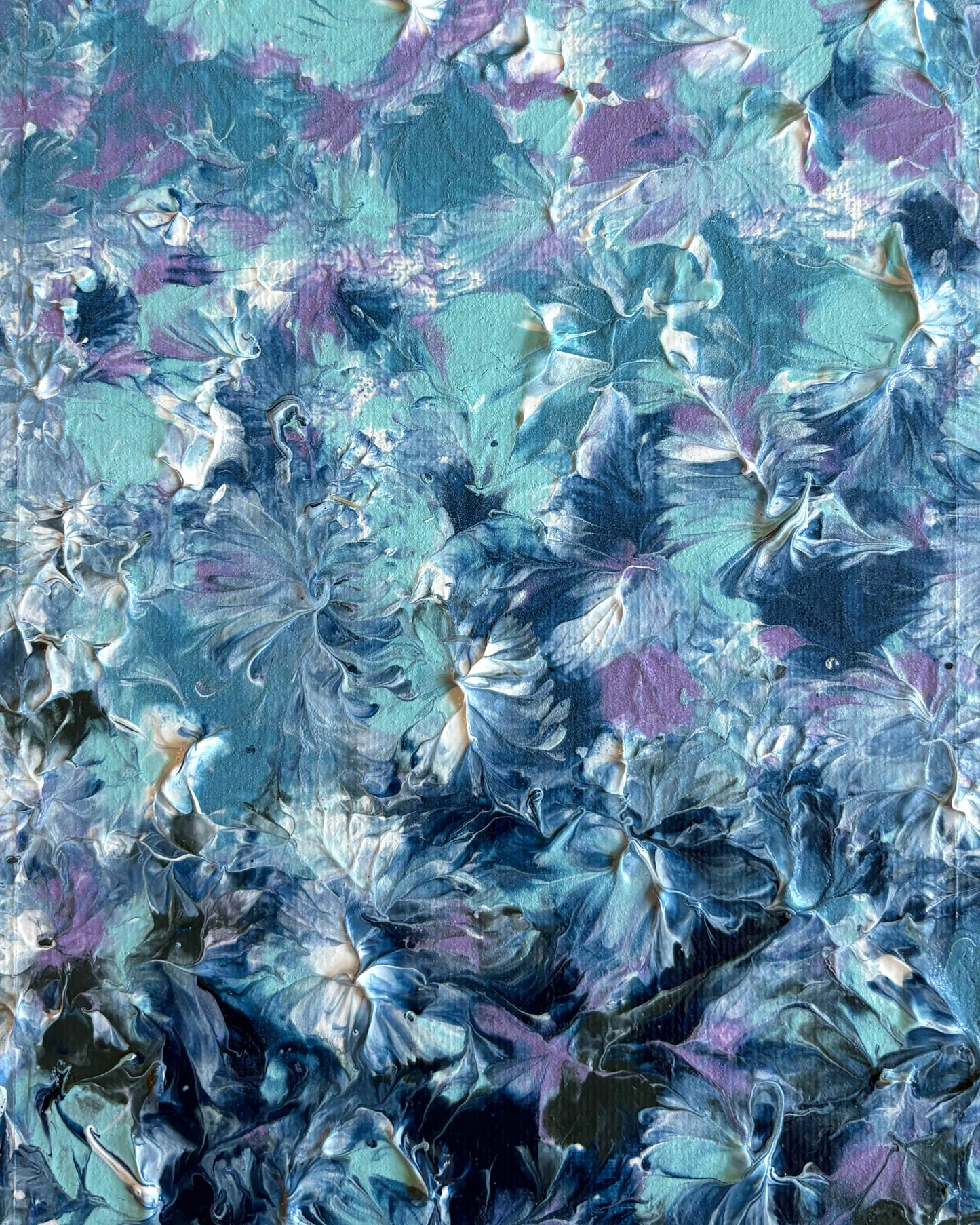 Abstract floral painting with textured impasto brushstrokes in shades of blue, teal, lavender, and white, filling the entire frame.