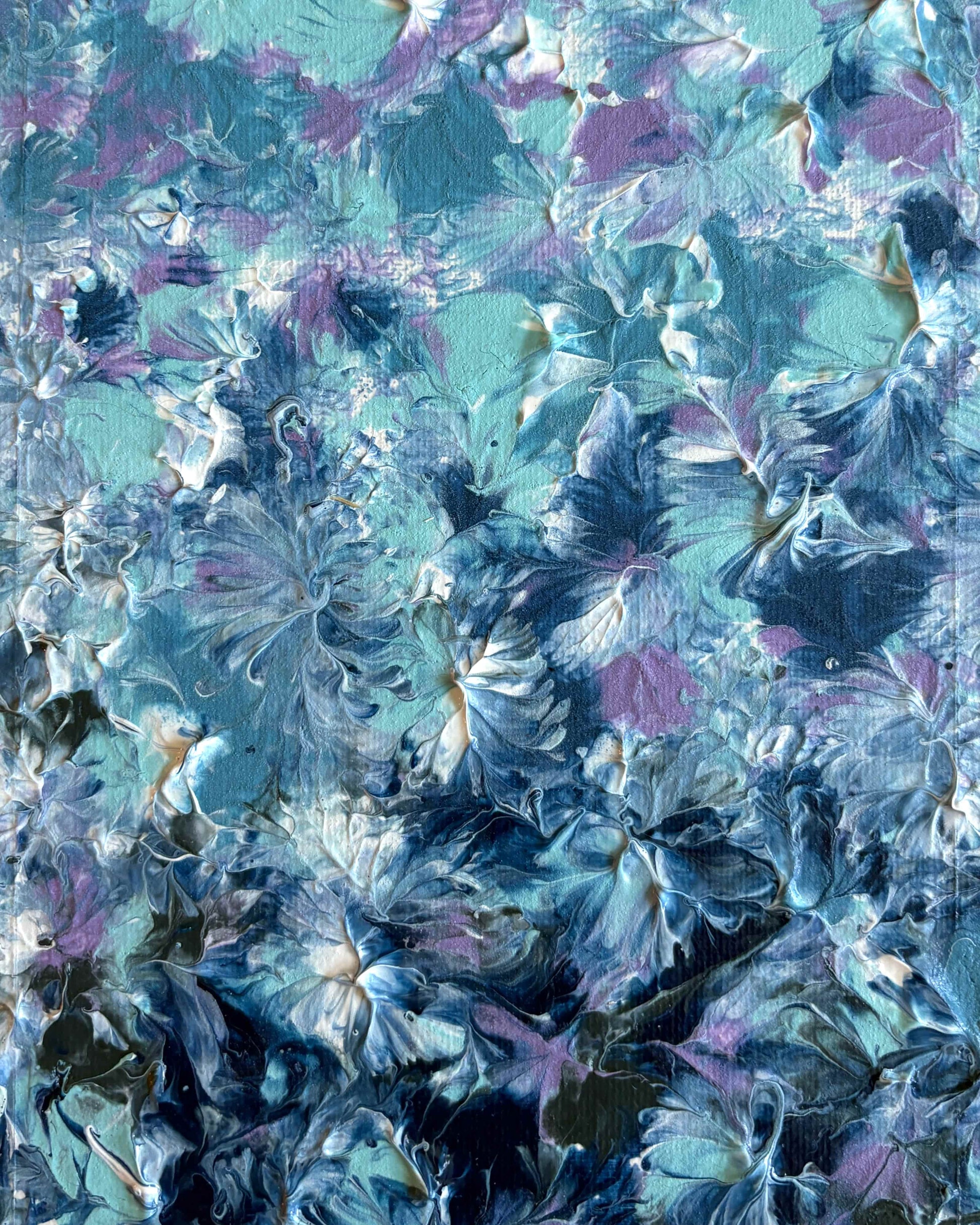 Abstract floral painting with textured impasto brushstrokes in shades of blue, teal, lavender, and white, filling the entire frame.