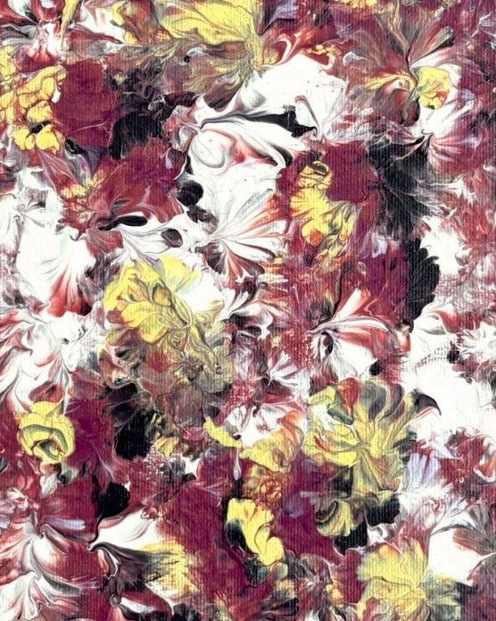 Abstract floral artwork with layered painted blossoms in white, burgundy, maroon, yellow, black, and gray, filling the full frame.