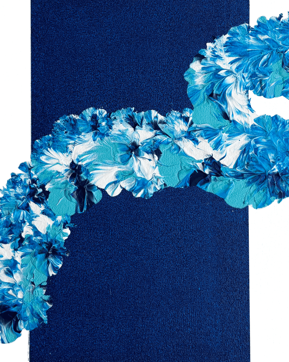 A square art print featuring a dark navy blue central rectangle with a diagonal band of textured blue and white flowers cutting across it, set against a white background with a thin black border.