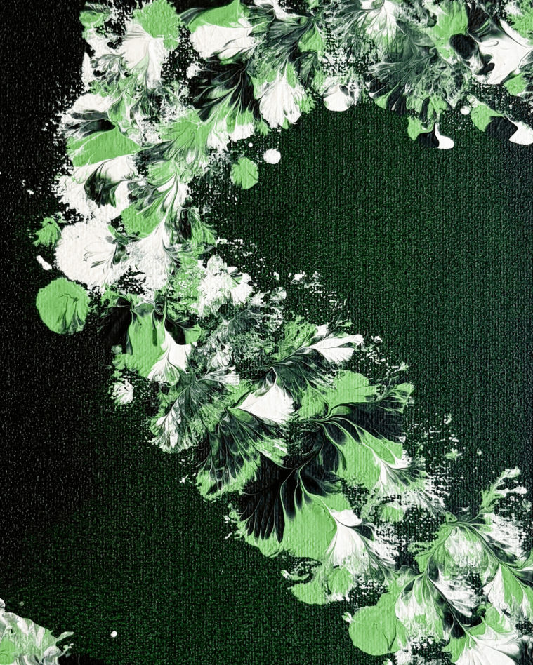 A decorative letter S made from layered green, white, and black marbled floral or leaf-like textures, arranged around a dark green rectangular center on a white background.