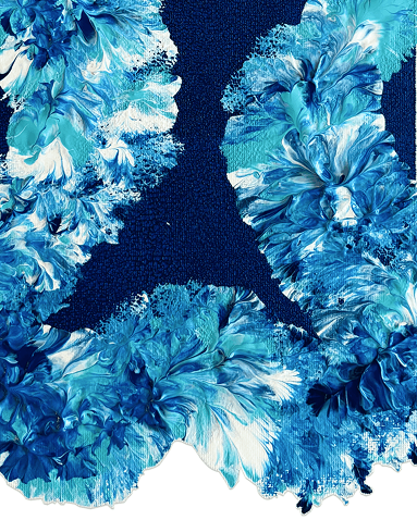 Abstract art print featuring a dark navy blue central shape framed by layered, textured blue and white marbled floral or frayed patterns on a white background.