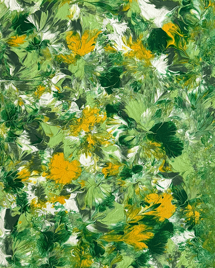 A rectangular textile or fabric sample with an all-over abstract floral pattern in shades of green, white, and mustard yellow, shown flat against a white background.