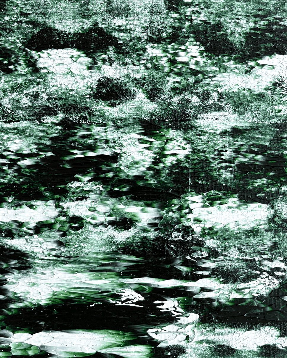 Abstract black and white textured pattern with a grunge, distressed look resembling water ripples or foliage.