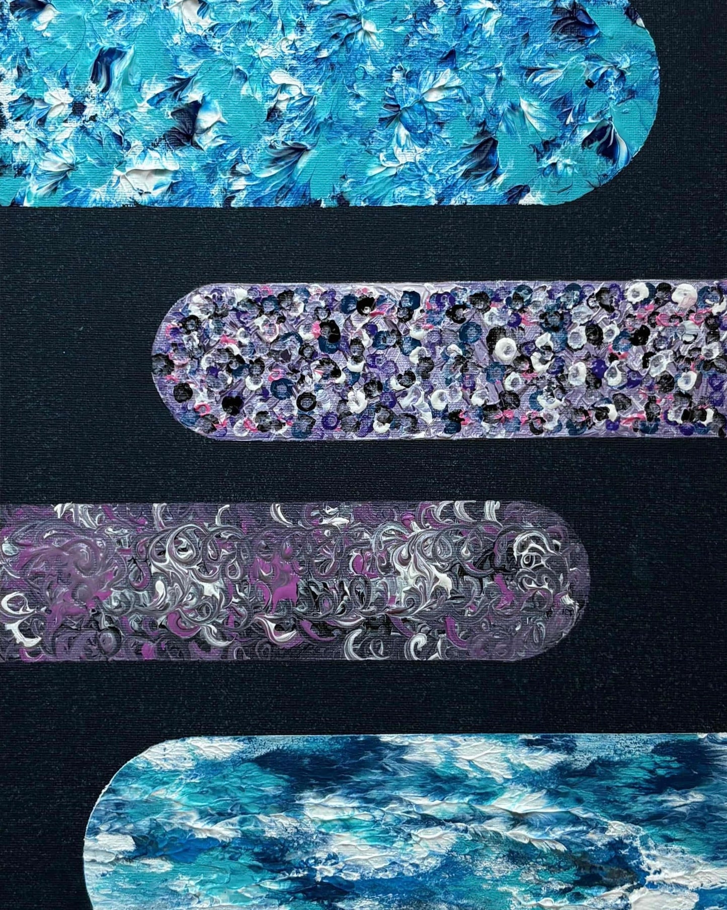 Four horizontal rounded-rectangle swatches showing different abstract patterned designs in blue, purple, black, and white, arranged vertically on a dark background.