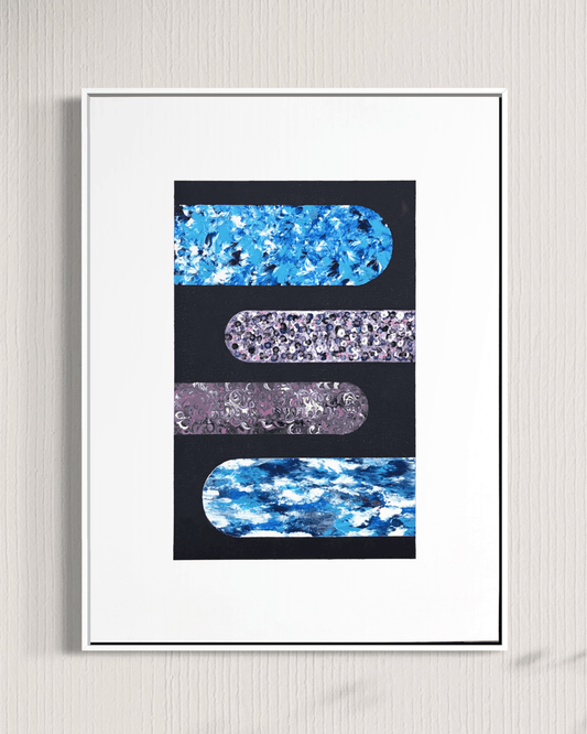 A framed abstract art print featuring four horizontal rounded rectangular bands of blue, purple, and marbled textures on a black background, set within a white mat and thin black frame against a light textured wall.