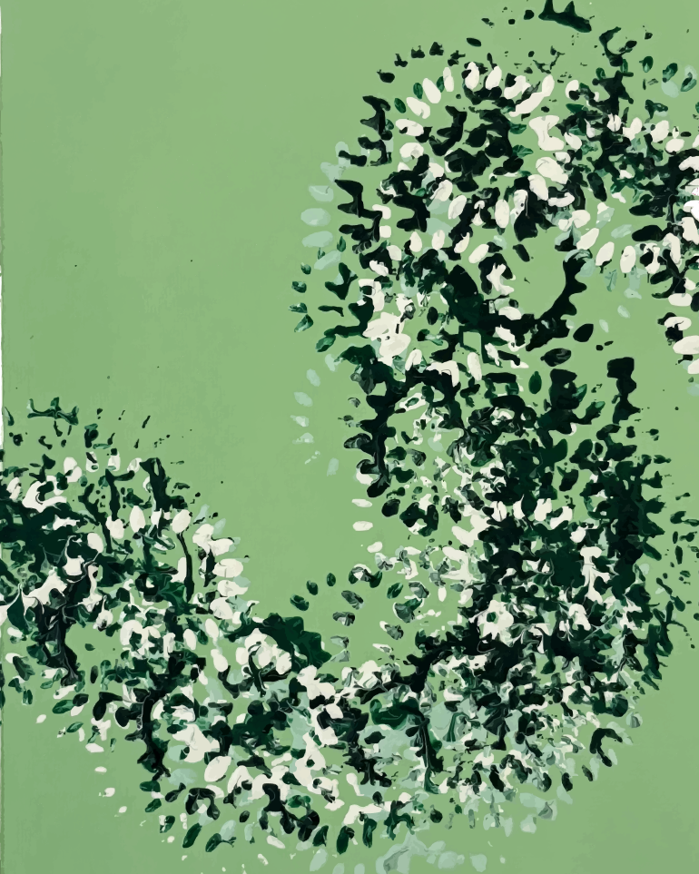 A square art print featuring a green background with a wavy, snake-like pattern made of dark and light green leaf-like dots, shown on a white background.