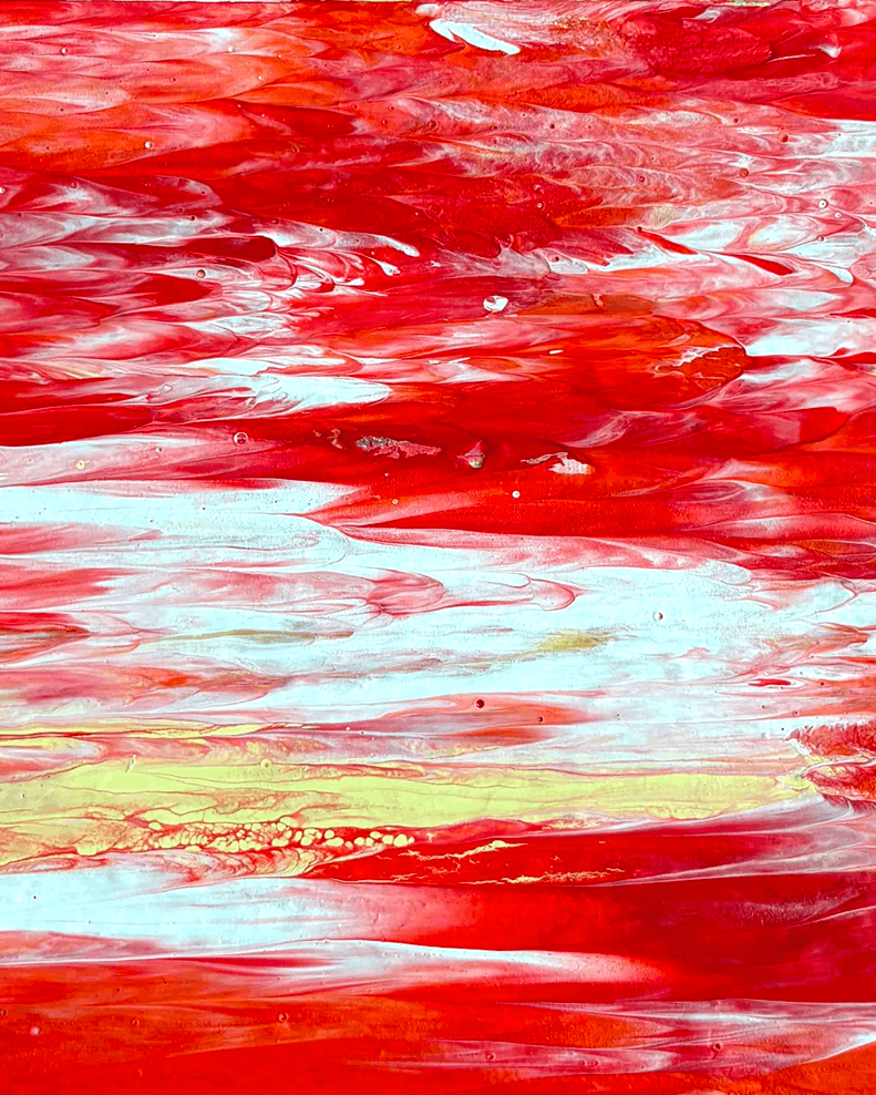 Abstract acrylic painting with expressive horizontal brushstrokes in vibrant red, white, and a thin band of pale yellow.